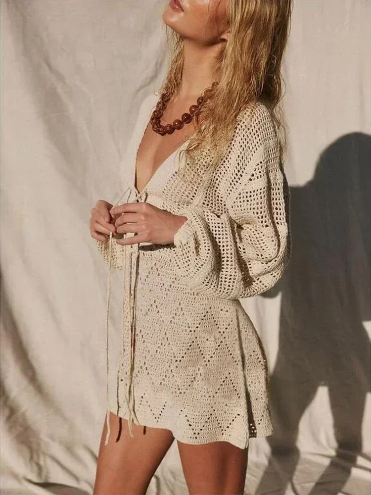 Sexy Deep V-Neck Lace-Up Mesh Beach Dress